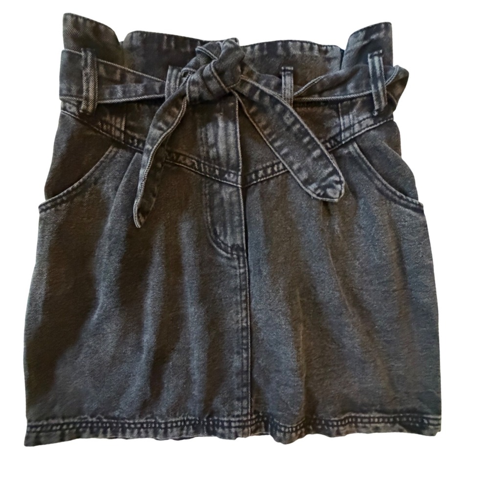 Gaudie Black Denim Paperbag Waist Mini Skirt with Tie Belt‎ Womens Size Med NEW